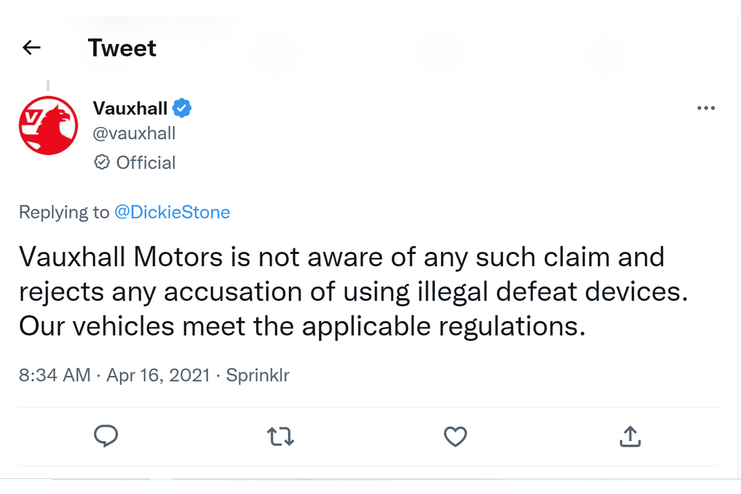 a copy of Vauxhall tweet denying any wrongdoing in the diesel scandal